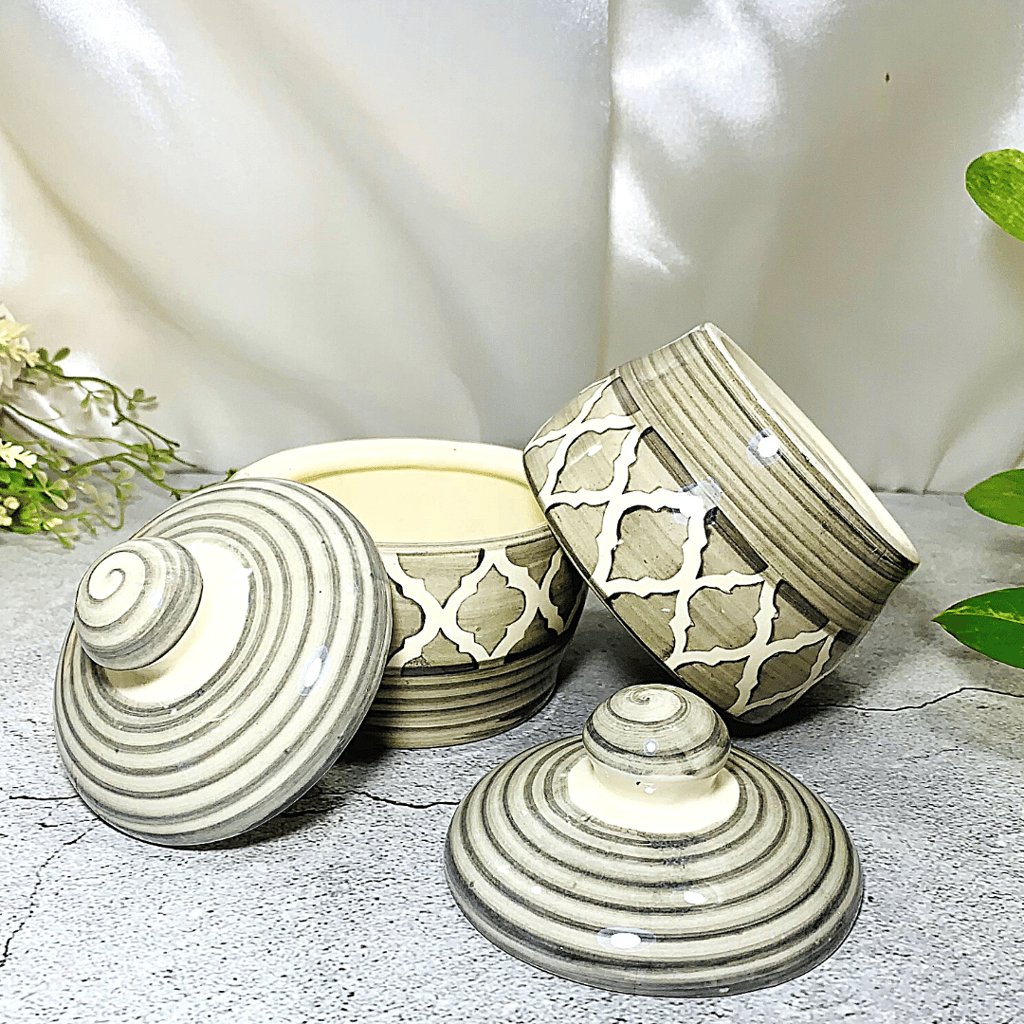 Homefrills Handpainted Multi-Utility Storage Ceramic Jars & Containers with Lid Ceramic Jars for Kitchen& Dining Table Storage Snacks /butter Jars Set of 2(2 jars with Lid ) Colour-Grey