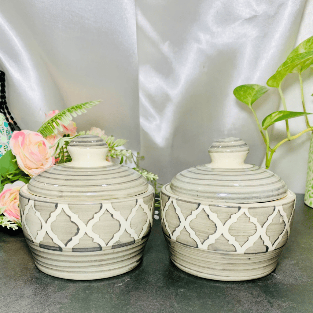Homefrills Handpainted Multi-Utility Storage Ceramic Jars & Containers with Lid Ceramic Jars for Kitchen& Dining Table Storage Snacks /butter Jars Set of 2(2 jars with Lid ) Colour-Grey