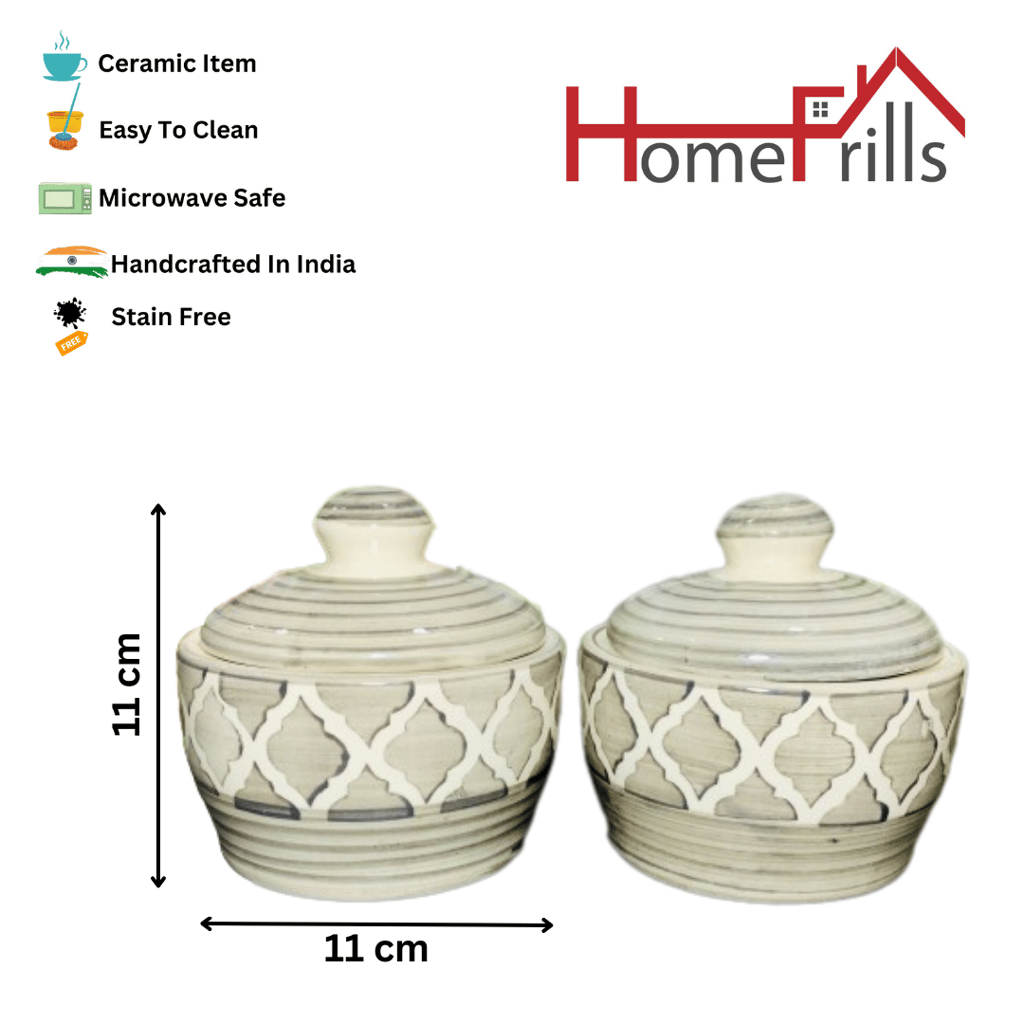 Homefrills Handpainted Multi-Utility Storage Ceramic Jars & Containers with Lid Ceramic Jars for Kitchen& Dining Table Storage Snacks /butter Jars Set of 2(2 jars with Lid ) Colour-Grey