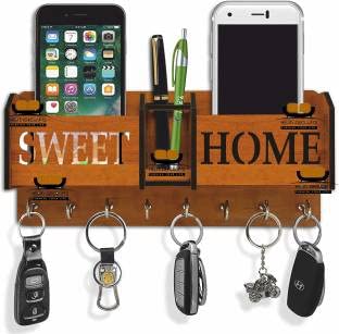 LAAYO Wooden Key Holder & Mobile Holder for Wall Stylish with Storage Box - Home Decorative Stylish Designer Pen Holder & 7 Hook Stand Wooden for Home Wall, Office, Hall & Living Room (Sweet Home)