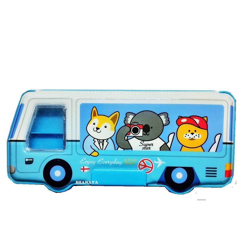 SHANAYA Bus Shaped Multipurpose Magnetic Pencil Geometry Box Case with Sharpener for School Girls & Boys (Blue)