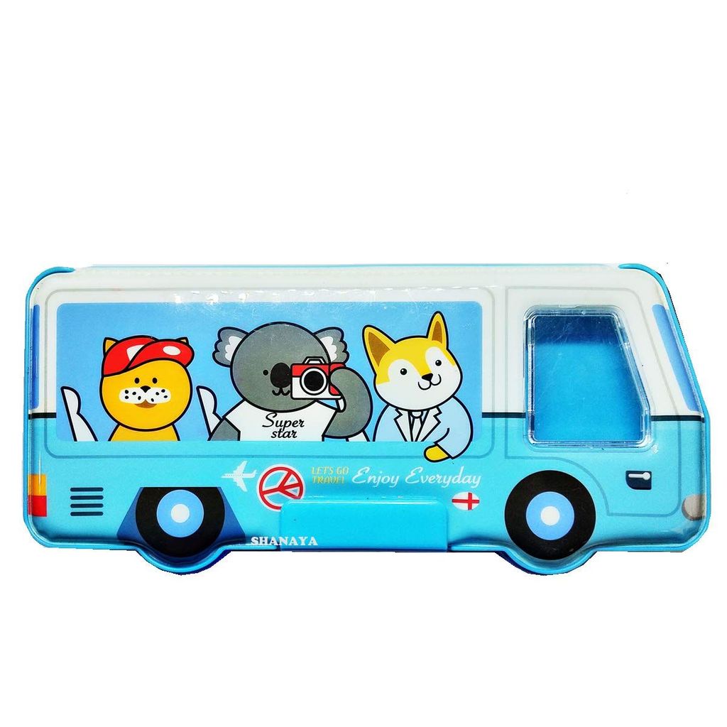 SHANAYA Bus Shaped Multipurpose Magnetic Pencil Geometry Box Case with Sharpener for School Girls & Boys (Blue)