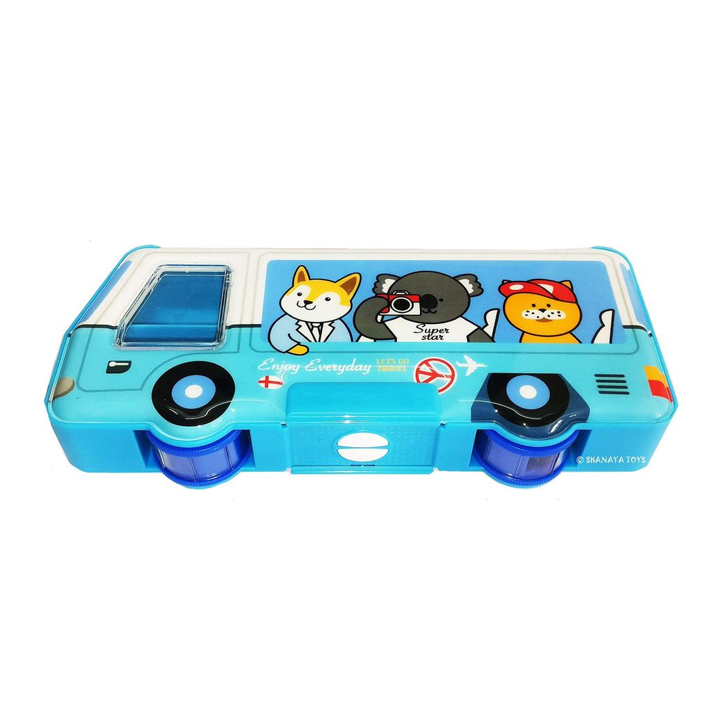 SHANAYA Bus Shaped Multipurpose Magnetic Pencil Geometry Box Case with Sharpener for School Girls & Boys (Blue)