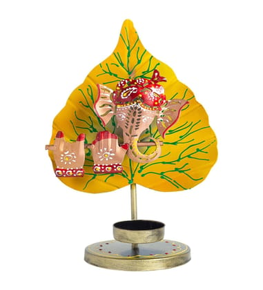 SHAMBHU HANDICRAFTS Handpainted Ganesha Yellow Colour Wrought Iron T-Light Holder