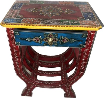 SHAMBHU HANDICRAFTS Beautifully Handcrafted and Handpainted Wooden Stool Cum Side Table with Storage Drawer || Multi Coloured |