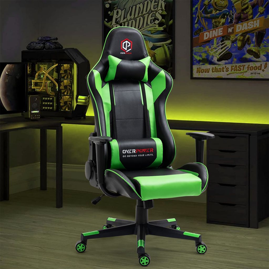 OVERPOWER Gaming Chair Ergonomic Seat with Headrest Leather Gaming Chair Gaming Chair ( green, black)