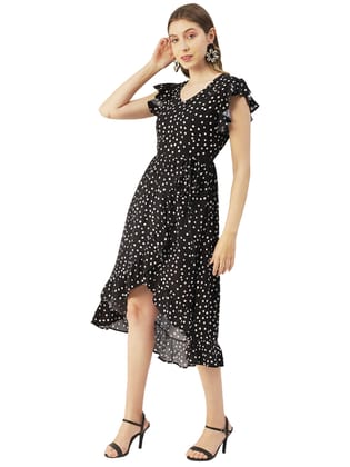 Moomaya Printed Viscose Front Slit Ruffle Dress, Summer Resort Wear Women Clothing