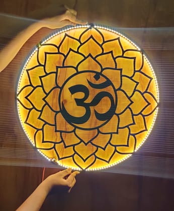 EU OM Mantra Metal Wall Hanging Ornaments Decorative Items for Home | Gifts | Religious Wood Hanger | Mdf Decoration for Living Room | Artworks | Modern Decor Item for Wooden Mandir((45 X 45 cm))