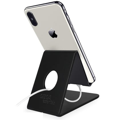 GIZGA essentials Portable Mobile Stand Holder, Precise Cutout to Enable Charging During use, Sturdy Metal, Mobile Charging Support Stand for All Smartphones and Tablets, Anti-Slip Rubber Pads, Black