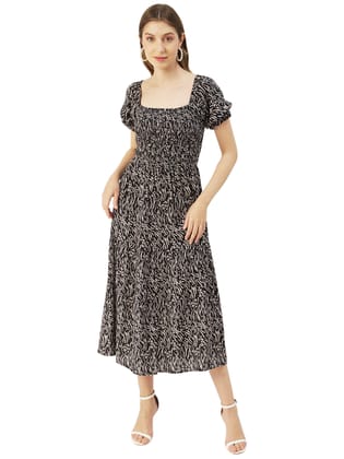 Moomaya Printed Viscose Rayon Summer Dress, Square Neck Smocked Long Dress