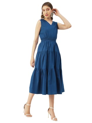 Moomaya Solid Cotton Sleeveless Dress, V-Neck Smocked Waist Tiered Midi Dress