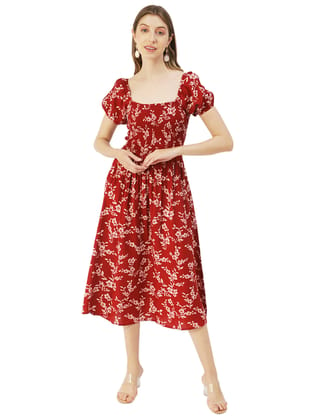 Moomaya Women's Printed Maxi Dress, Viscose Rayon Short Puff Sleeve Dresses