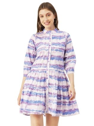Moomaya Printed Cotton Button Down Shirt Dress, Quarter Sleeve Short Summer Resort Dress