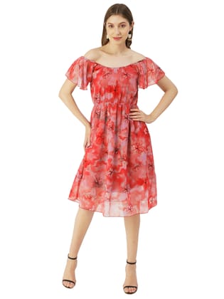 Moomaya Printed Off-Shoulder Poly Georgette Midi Dress Cinched Long Dress
