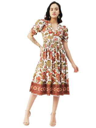 Moomaya Printed Cotton Flared Dress, V-Neck Puffed Sleeves Maxi Dress For Women
