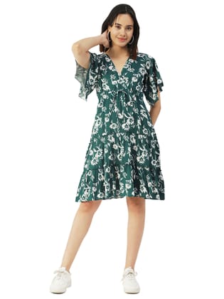 Moomaya Printed Wrap Style Dress, Knee-Length Summer Tiered Dress For Women
