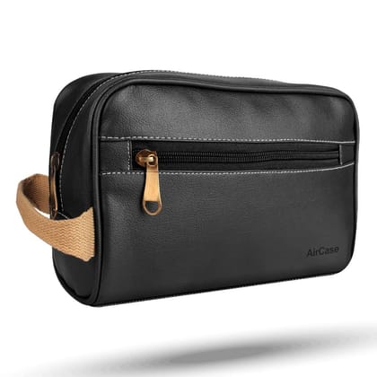 AirCase Vegan Leather Travel Kit for Men & Women, Toiletry Pouch with Handle, Multi-Pocket Travel Storage Bag, Shaving Makeup Cosmetic Bag, Black