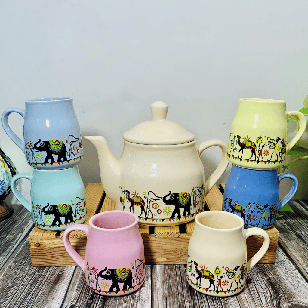 Homefrills Hand Painted Ceramic Tea Kettle Set with 6 Cups(150ml), 1 Kettle(400ml)ceramic Good Morning Set- Set of 7  colour-Multicolour,Microwave Safe