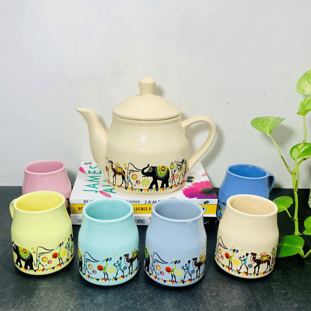 Homefrills Hand Painted Ceramic Tea Kettle Set with 6 Cups(150ml), 1 Kettle(400ml)ceramic Good Morning Set- Set of 7  colour-Multicolour,Microwave Safe