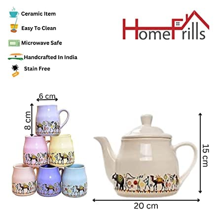 Homefrills Hand Painted Ceramic Tea Kettle Set with 6 Cups(150ml), 1 Kettle(400ml)ceramic Good Morning Set- Set of 7  colour-Multicolour,Microwave Safe