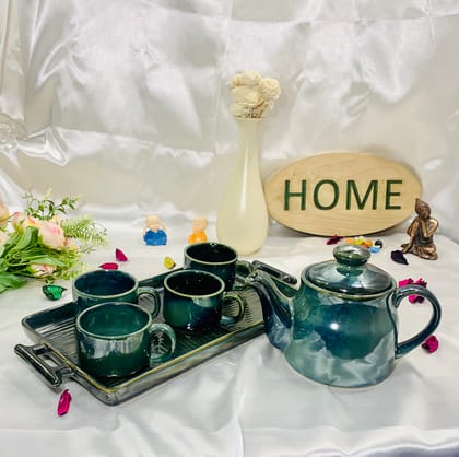 Homefrills Premium Stoneware Handmade Glossy Ceramic Tea Kettle Set with 4 Cups(150ml), 1 Kettle(400ml)& 1 Tray /ceramic Good Morning Set- Set of 6  colour-Green,Microwave Safe