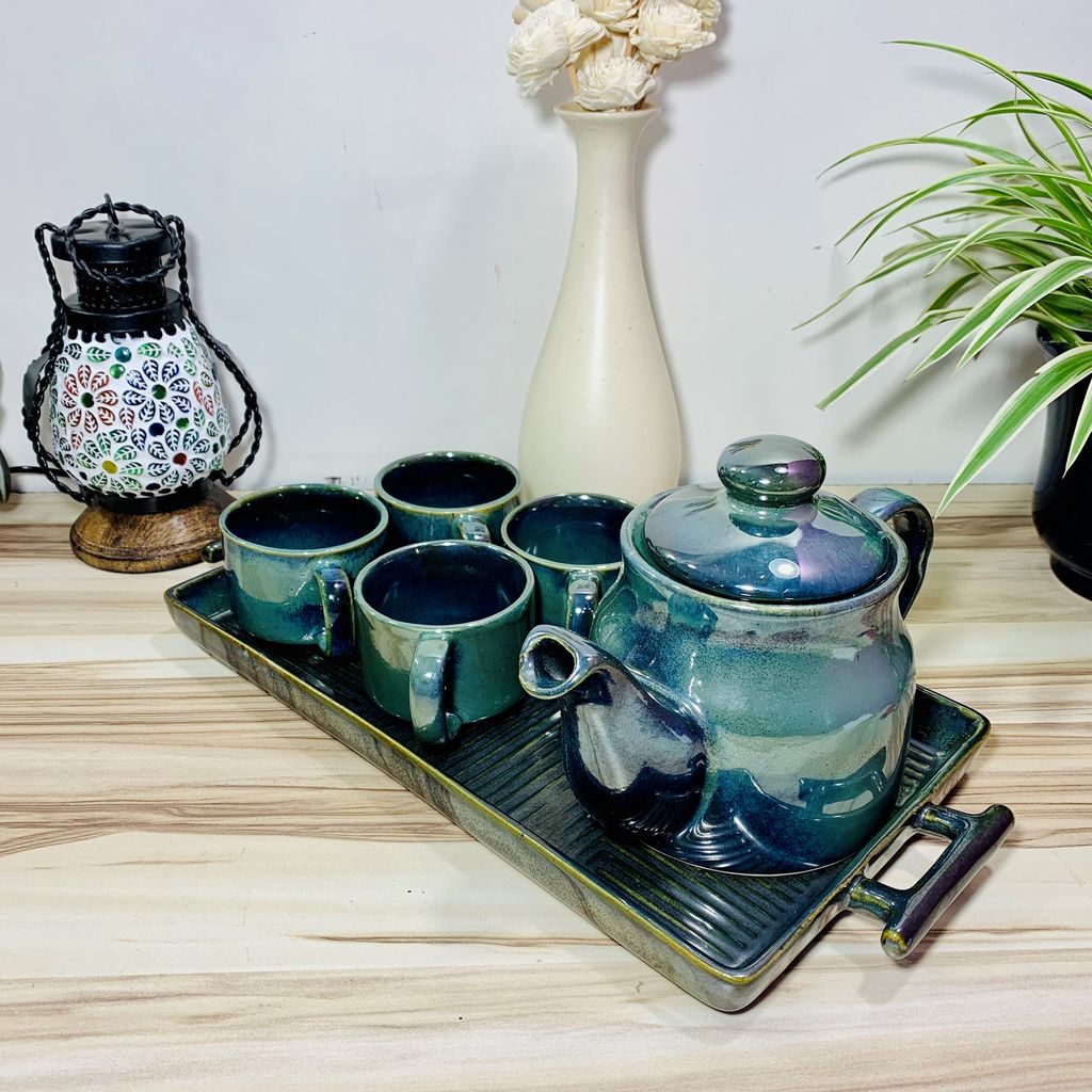 Homefrills Premium Stoneware Handmade Glossy Ceramic Tea Kettle Set with 4 Cups(150ml), 1 Kettle(400ml)& 1 Tray /ceramic Good Morning Set- Set of 6  colour-Green,Microwave Safe