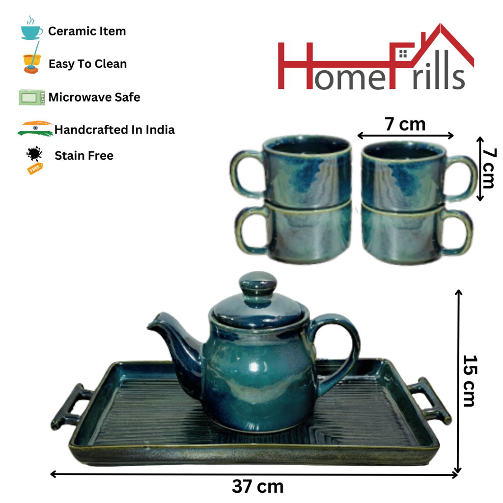 Homefrills Premium Stoneware Handmade Glossy Ceramic Tea Kettle Set with 4 Cups(150ml), 1 Kettle(400ml)& 1 Tray /ceramic Good Morning Set- Set of 6  colour-Green,Microwave Safe