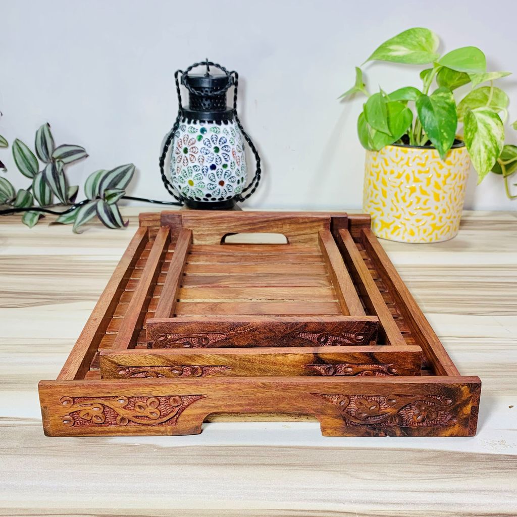 Homefrills Sheesham Wood carved design Serving Tray, Handmade & Handcrafted Rectangular Platter/Trays with Handles For Serving Cakes, Pastries, Snacks, Breakfast, Coffee- Set of 3