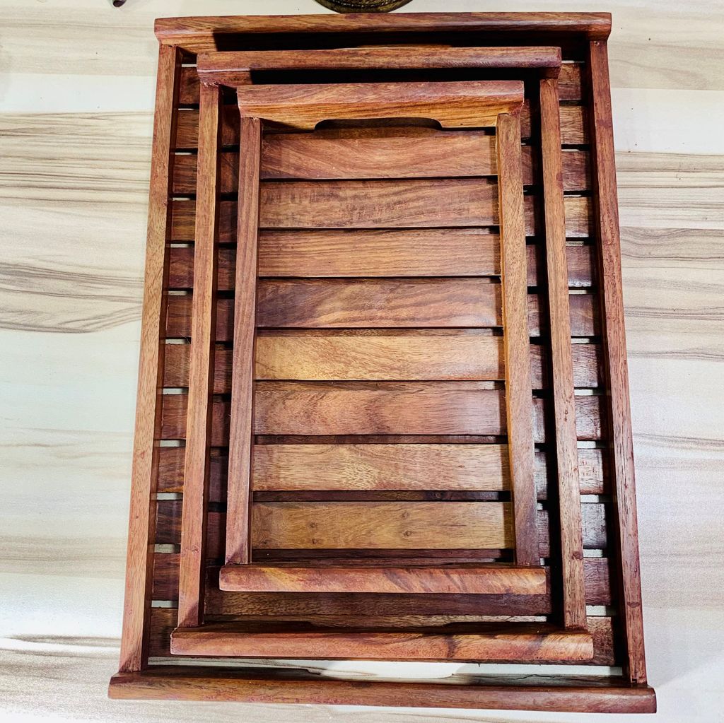 Homefrills Sheesham Wood carved design Serving Tray, Handmade & Handcrafted Rectangular Platter/Trays with Handles For Serving Cakes, Pastries, Snacks, Breakfast, Coffee- Set of 3