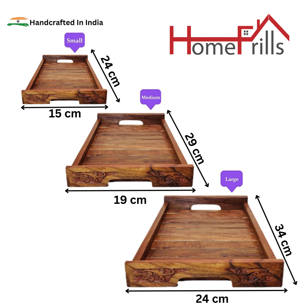 Homefrills Sheesham Wood carved design Serving Tray, Handmade & Handcrafted Rectangular Platter/Trays with Handles For Serving Cakes, Pastries, Snacks, Breakfast, Coffee- Set of 3