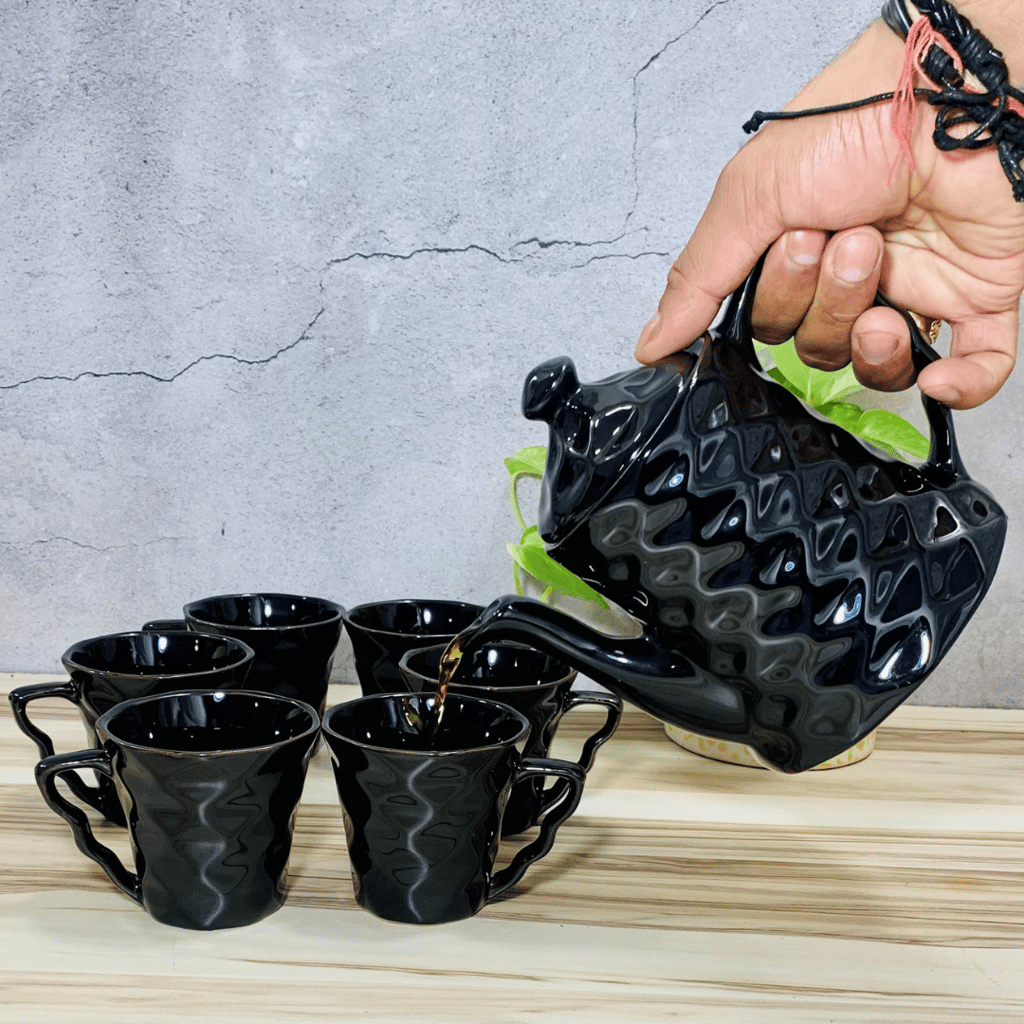 Homefrills Handcrafted Diamond Pattern Ceramic Tea Kettle Set with 6 Cups(150ml), 1 Kettle(400ml)ceramic Good Morning Tea Set- Set of 7 colour-Black,Microwave Safe