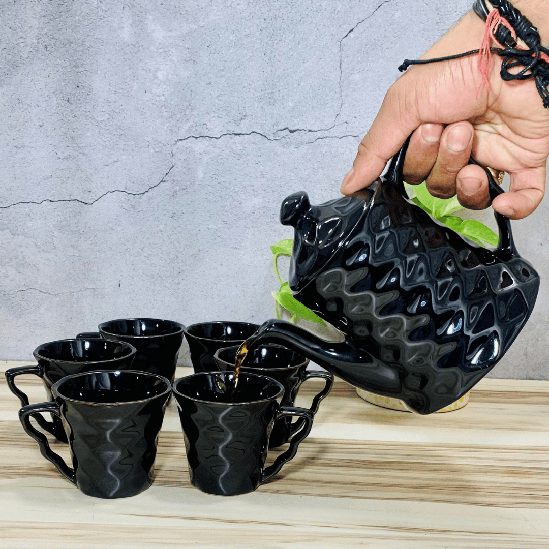 Homefrills Handcrafted Diamond Pattern Ceramic Tea Kettle Set with 6 Cups(150ml), 1 Kettle(400ml)ceramic Good Morning Tea Set- Set of 7  colour-Black,Microwave Safe