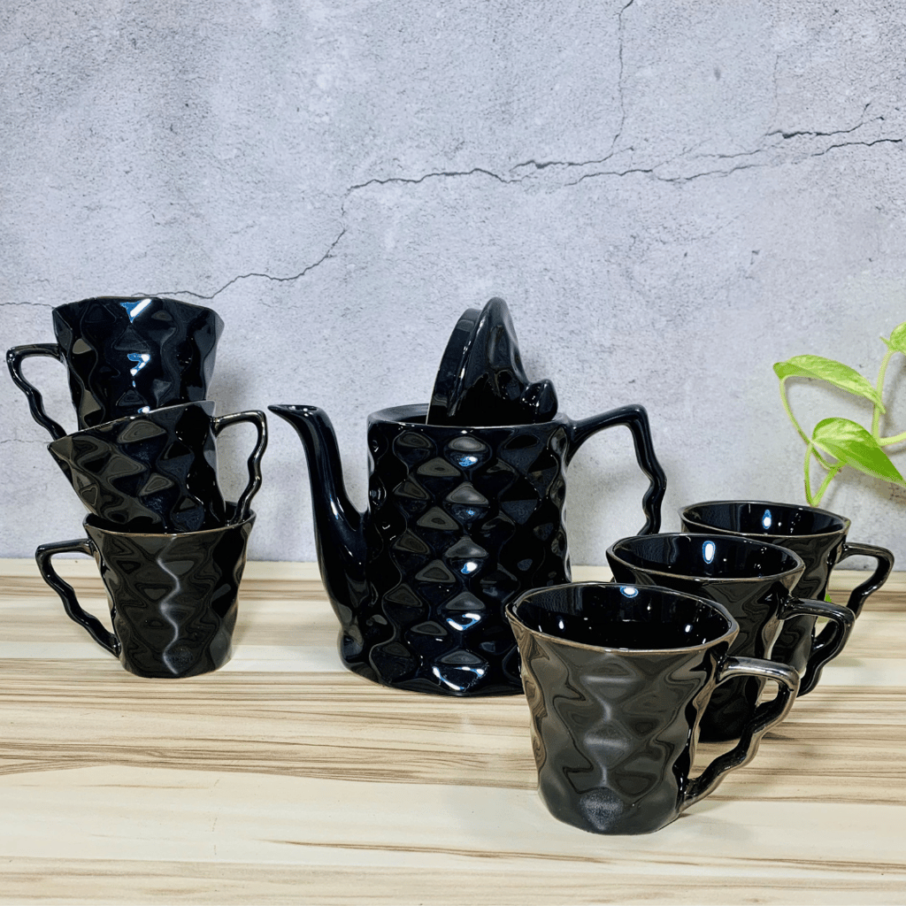 Homefrills Handcrafted Diamond Pattern Ceramic Tea Kettle Set with 6 Cups(150ml), 1 Kettle(400ml)ceramic Good Morning Tea Set- Set of 7 colour-Black,Microwave Safe