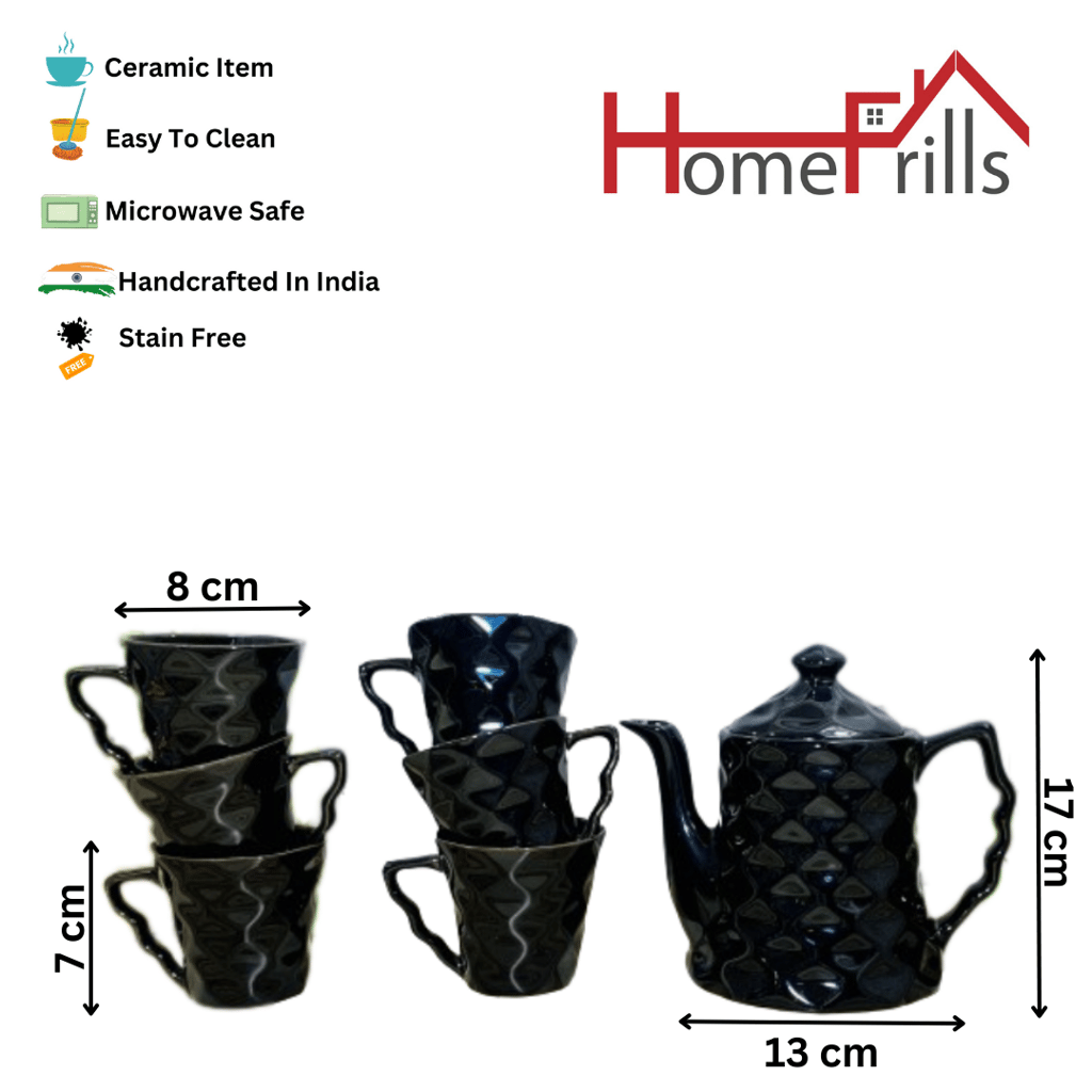 Homefrills Handcrafted Diamond Pattern Ceramic Tea Kettle Set with 6 Cups(150ml), 1 Kettle(400ml)ceramic Good Morning Tea Set- Set of 7 colour-Black,Microwave Safe