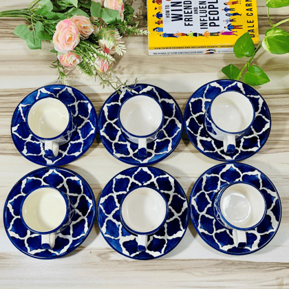 Homefrills Premium Studio Pottery Mughal Art Design Ceramic Cups Set of 6, Coffee Cups Set & Tea Cups with Saucer Chai Cup and Saucer Set ( Microwave & Dishwasher Safe)Colour-Blue
