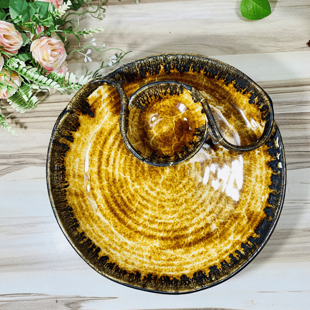 Homefrills  Prmium Yellow  Serving Ceramic Platter/Plate With section,Chip n Dip Platter/plate/Tray for Momos, Fries, Kebabs, Starter  and Snacks etc Microwave Safe. (Set of 1)