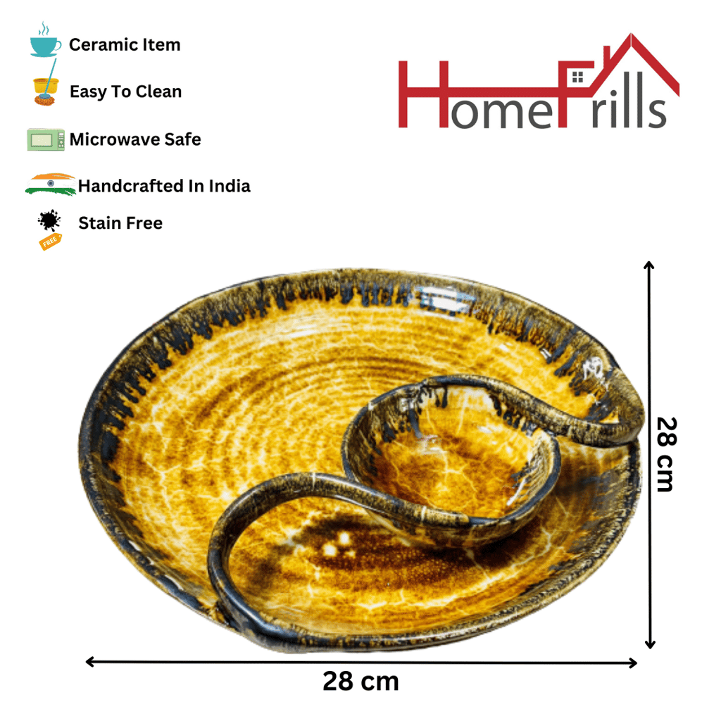 Homefrills  Prmium Yellow  Serving Ceramic Platter/Plate With section,Chip n Dip Platter/plate/Tray for Momos, Fries, Kebabs, Starter  and Snacks etc Microwave Safe. (Set of 1)