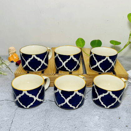 Homefrills Premuim Stoneware Hand Painted Yellow Moroccan design ceramic stylish Tea/Coffee Cups set of 6