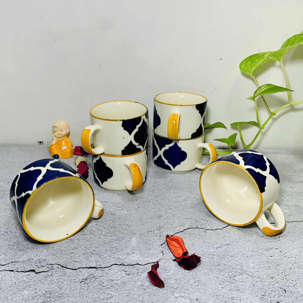 Homefrills Premuim Stoneware Hand Painted Yellow Moroccan design ceramic stylish Tea/Coffee Cups set of 6