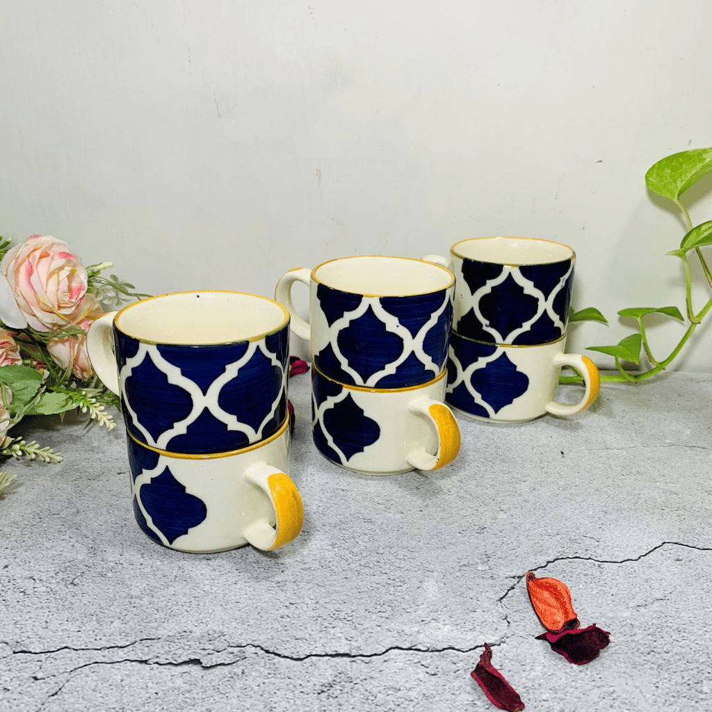 Homefrills Premuim Stoneware Hand Painted Yellow Moroccan design ceramic stylish Tea/Coffee Cups set of 6