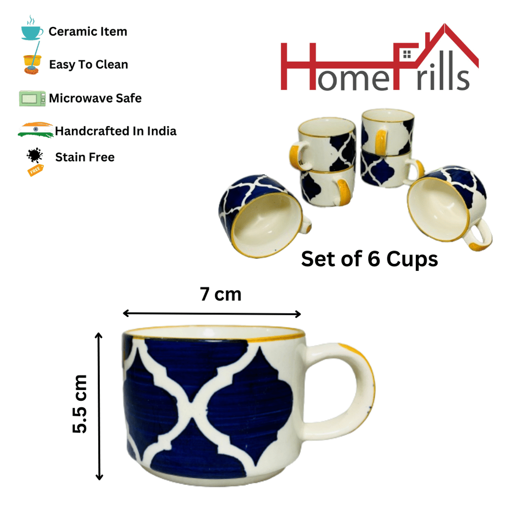 Homefrills Premuim Stoneware Hand Painted Yellow Moroccan design ceramic stylish Tea/Coffee Cups set of 6