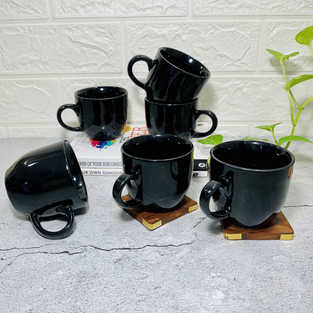 Homefrills Premuim Stoneware Glossy Black Solid Colour ceramic stylish Tea/Coffee Cups set of 6