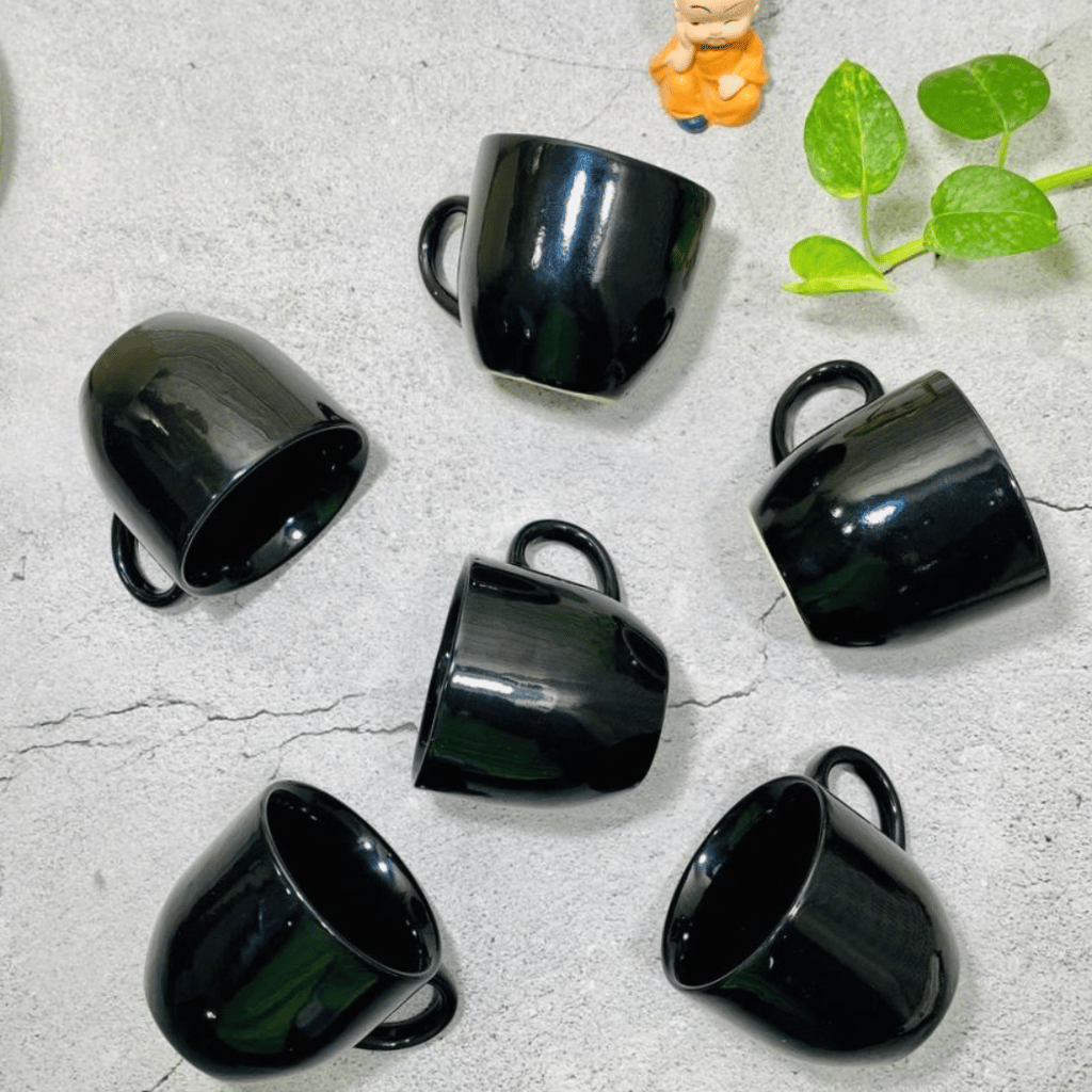 Homefrills Premuim Stoneware Glossy Black Solid Colour ceramic stylish Tea/Coffee Cups set of 6