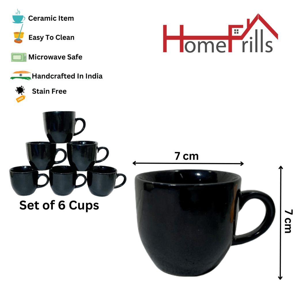 Homefrills Premuim Stoneware Glossy Black Solid Colour ceramic stylish Tea/Coffee Cups set of 6