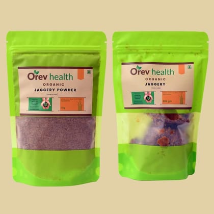 Orev Health Organic Jaggery Powder (1Kg) and Jaggery (800gm) - 1.8Kg