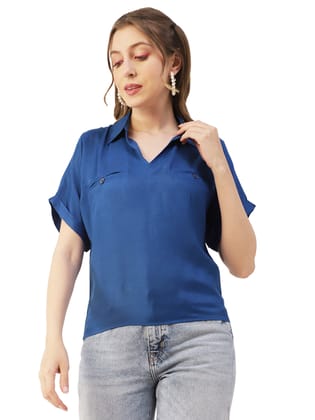 Moomaya Solid Short Sleeves Shirt Style Collar Top, Womens Summer Pullover Tunic