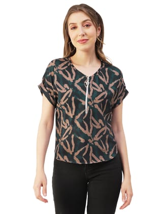 Moomaya Printed Womens Front Zip-Up Designer Top, Round Neck Casual Smart Top