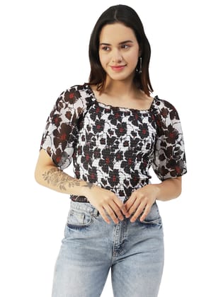 Moomaya Printed Flotter Sleeves Top For Women, Short Sleeve Smocked Crop Top