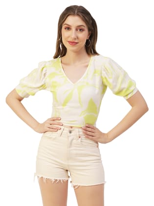 Moomaya Printed Viscose Rayon Top, V Neck Short Sleeves Summer Top For Women