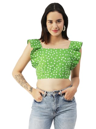 Moomaya Womens Crop Top, Square Neck, Flutter Sleeve Cotton Short Top Casual